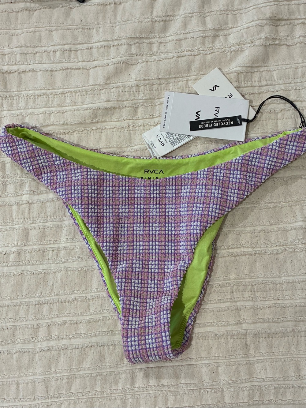 NWT RVCA Purple Plaid Bikini Bottom with Lime Green Lining